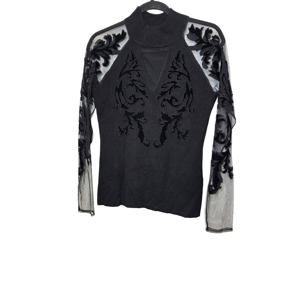INC Women's M Black Knit Grunge Preppy Top Sheer Mesh & Velvet Floral‎ Sleeves